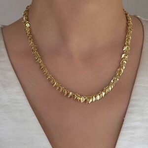 14K Gold Plated Leaf Textured Fringe Necklace | Dainty Botanical Collar Necklace
